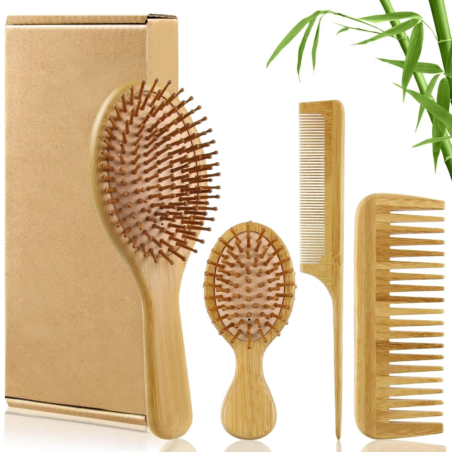 Detangling Wide Comb - 竹製ヘアブラシ＆コームセット（男女兼用）、木製ワイドトゥースブラシとテールコーム - 濡れた髪や乾いた髪、巻き毛用のパドル型デタングリングブラシ